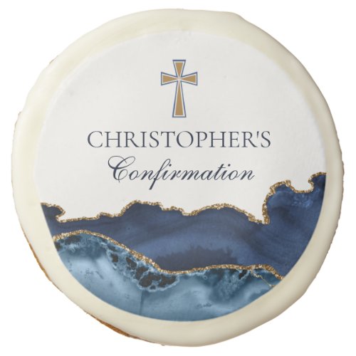 Elegant Confirmation Cross Navy Blue Gold Party Sugar Cookie