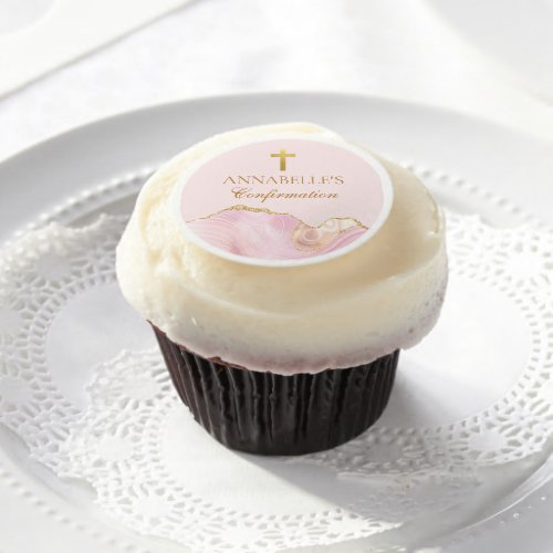 Elegant Confirmation Cross Pink Gold Agate Custom Edible Frosting Rounds