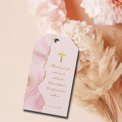 Elegant Confirmation Cross Pink Gold Agate Custom Gift Tags