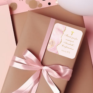 Elegant Confirmation Cross Pink Gold Agate Custom Square Sticker
