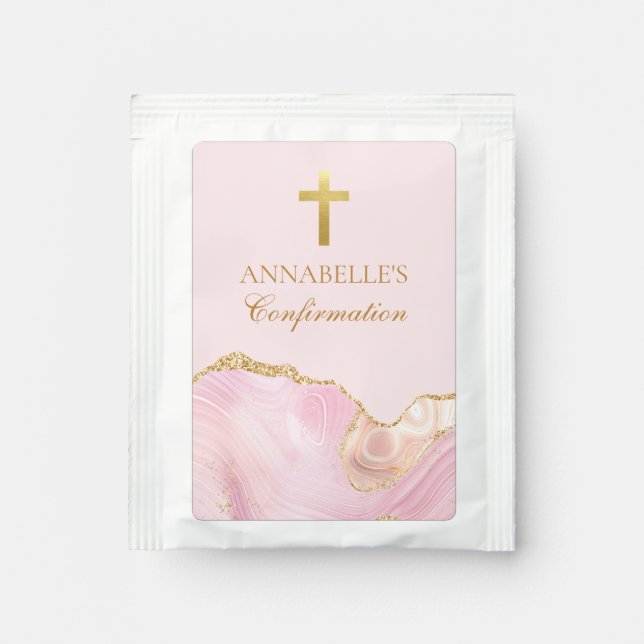 Elegant Confirmation Cross Pink Gold Agate Custom Tea Bag Drink Mix (Front)