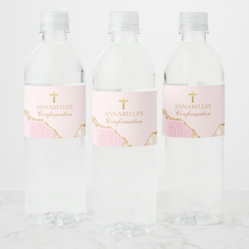 Elegant Confirmation Cross Pink Gold Agate Custom Water Bottle Label