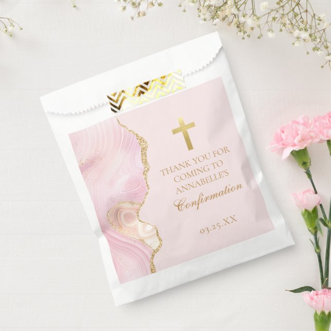 Elegant Confirmation Cross Pink Gold Agate Party Favor Bag (Sealed)