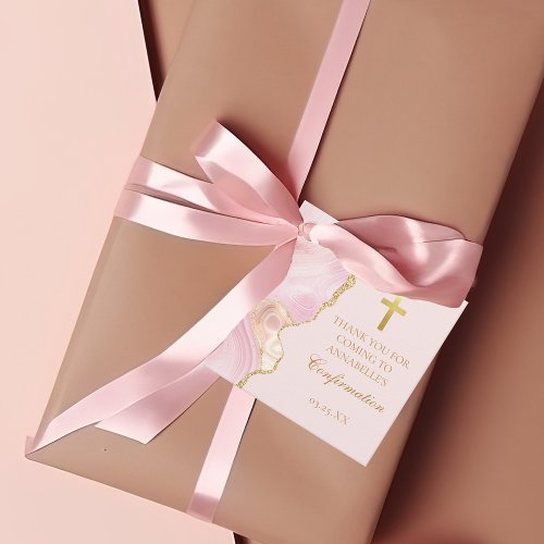 Elegant Confirmation Cross Pink Gold Agate Party Favor Tags