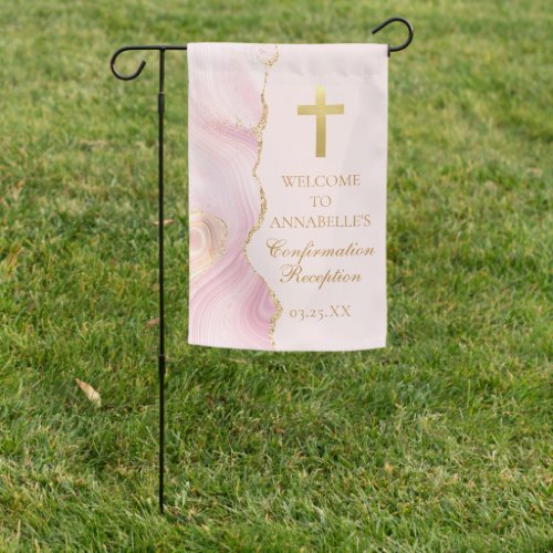 Elegant Confirmation Cross Pink Gold Agate Party Garden Flag