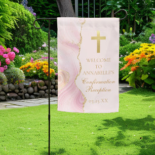 Elegant Confirmation Cross Pink Gold Agate Party Garden Flag