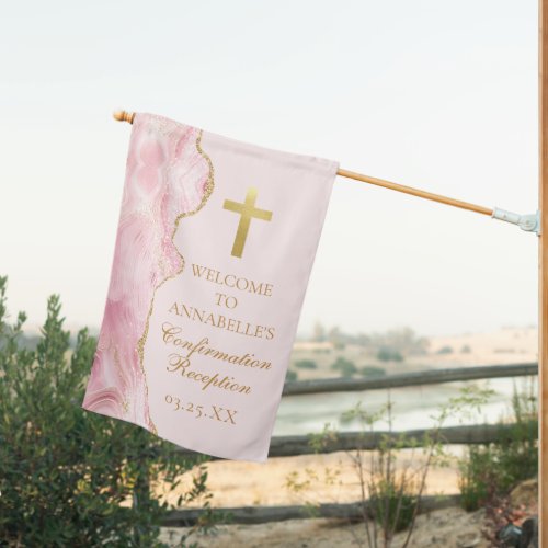 Elegant Confirmation Cross Pink Gold Agate Party House Flag