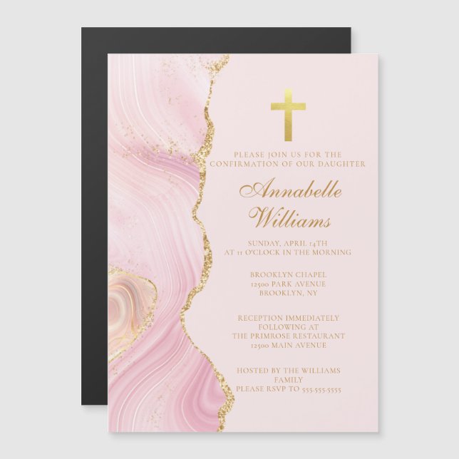 Elegant Confirmation Cross Pink Gold Agate Party Magnetic Invitation (Front/Back)