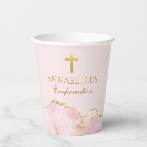 Elegant Confirmation Cross Pink Gold Agate Party Paper Cups