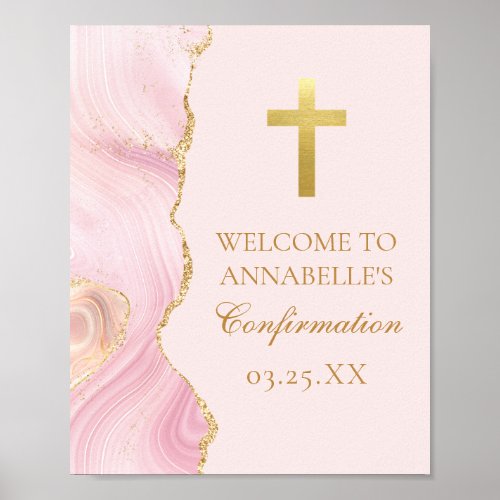 Elegant Confirmation Cross Pink Gold Agate Party Poster