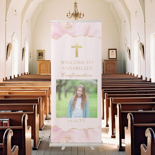Elegant Confirmation Cross Pink Gold Agate Party Retractable Banner