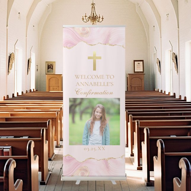 Elegant Confirmation Cross Pink Gold Agate Party Retractable Banner (Creator Uploaded)