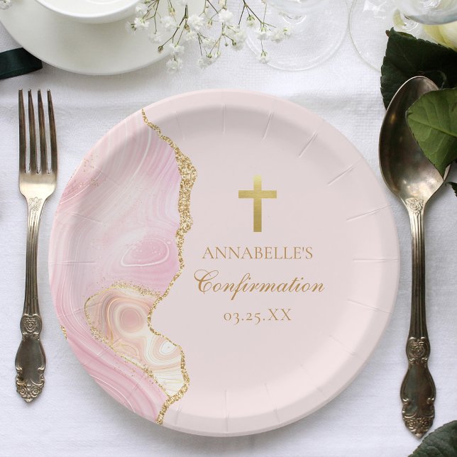 Elegant Confirmation Cross Pink Gold Custom Party Paper Plates (Creator Uploaded)