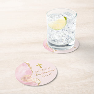 Elegant Confirmation Cross Pink Gold Custom Party Round Paper Coaster