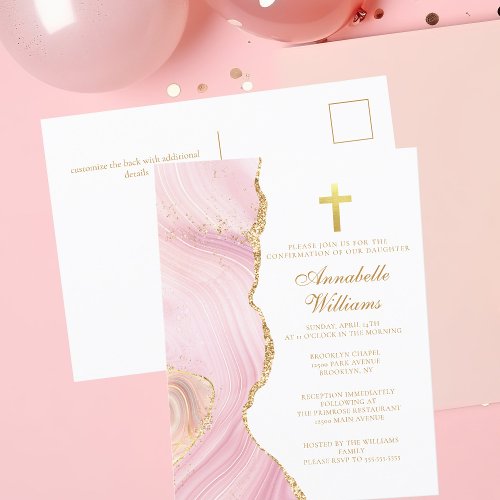 Elegant Confirmation Cross Pink Gold Invitatation Postcard