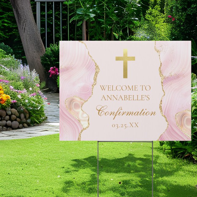 Elegant Confirmation Cross Pink Gold Party Yard Sign (Creator Uploaded)