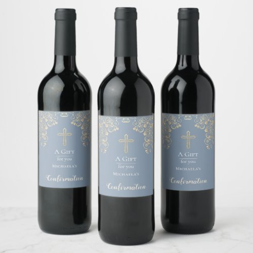 Elegant  Confirmation Dusty Blue Cross Wine Label