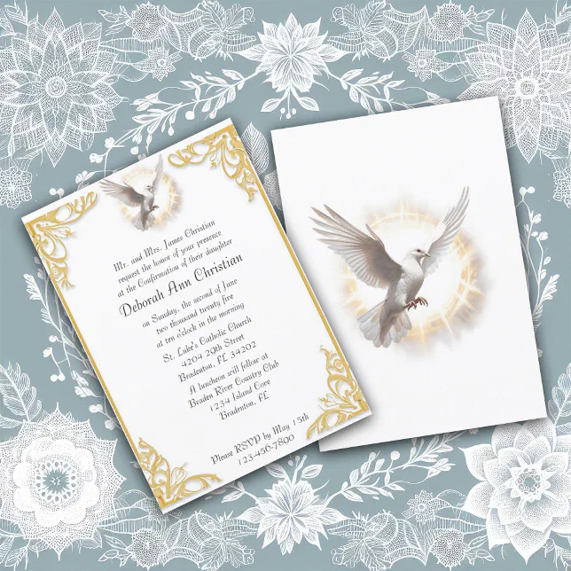Elegant Confirmation Gold Frame Dove Design Invitation | Zazzle