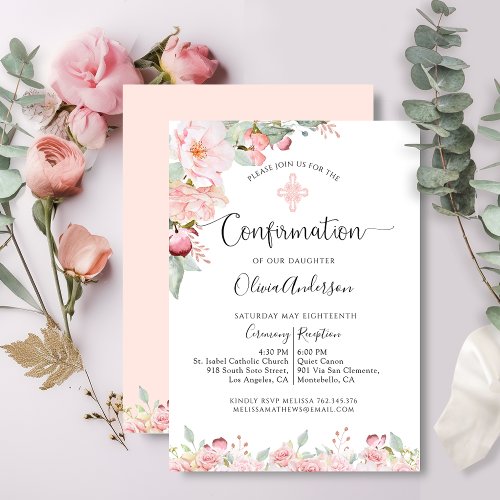 Elegant Confirmation Mint and Peach Floral Invitation