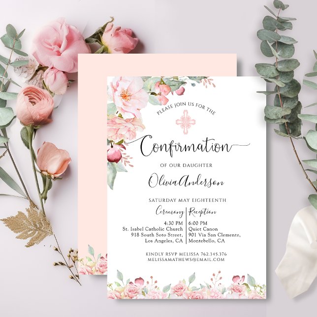 Elegant Confirmation Mint and Peach Floral Invitation (Creator Uploaded)