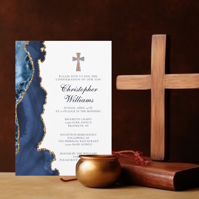 Elegant Confirmation Navy Blue Gold Agate Invitation (Creator Uploaded)