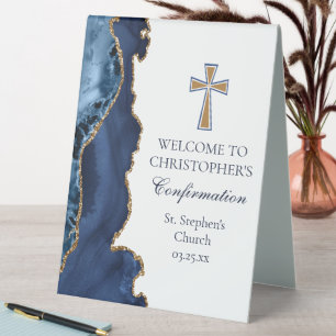 Elegant Confirmation Navy Blue Gold Church Table Tent