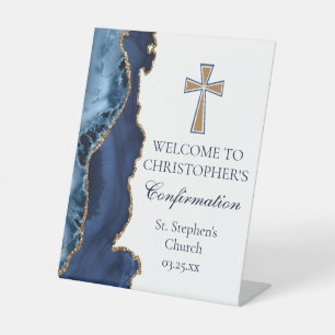 Elegant Confirmation Navy Blue Gold Welcome Pedestal Sign