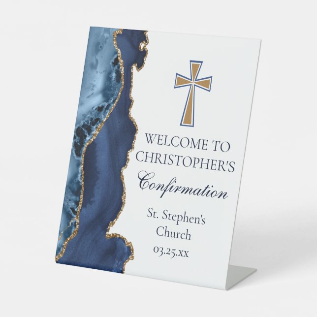 Elegant Confirmation Navy Blue Gold Welcome Pedestal Sign (Front)