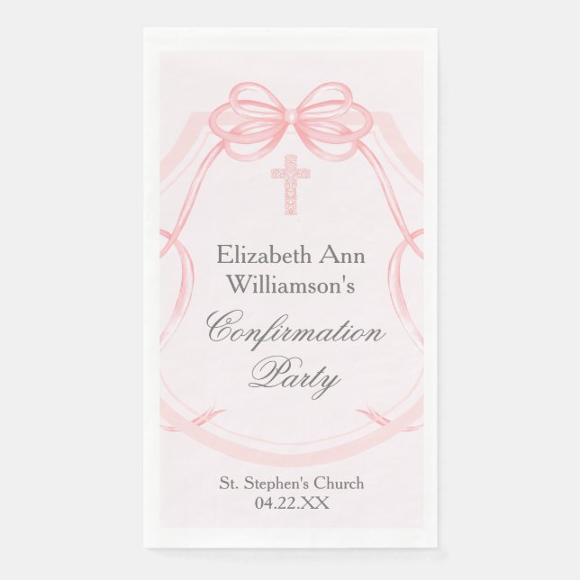 Elegant Confirmation Party Pink Bow Ribbon Custom Paper Guest Towels (Front)