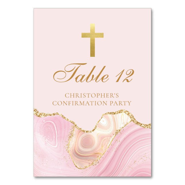Elegant Confirmation Party Pink Gold Cross Table Number (Front)