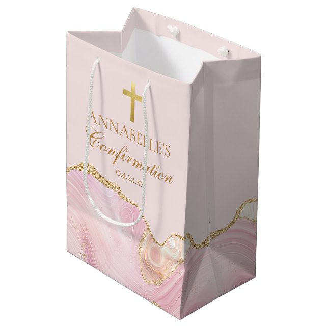 Elegant Confirmation Party Pink Gold Personalized Medium Gift Bag (Front Angled)