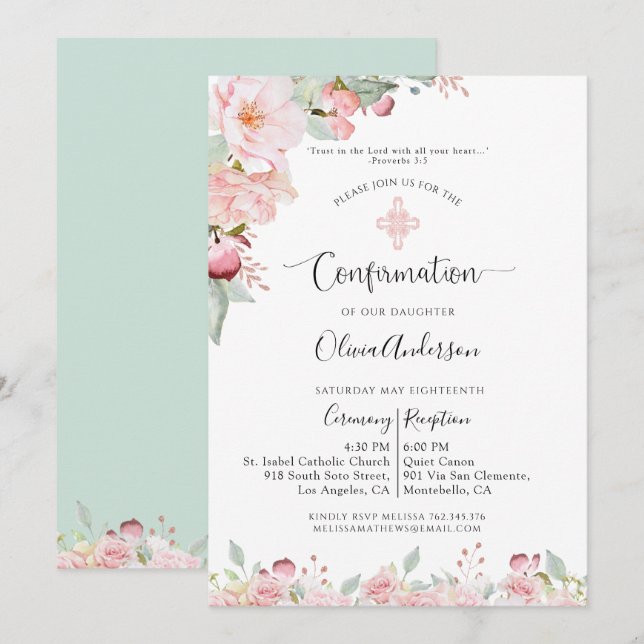 Elegant Confirmation Rose Gold, Mint Floral, Verse Invitation (Front/Back)