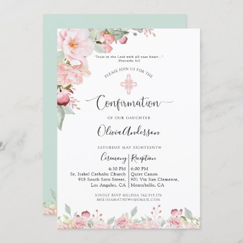 Elegant Confirmation Rose Gold Mint Floral Verse Invitation