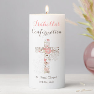 Elegant Confirmation White Floral Cross Girl Name Pillar Candle