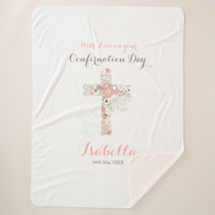 Elegant confirmation white floral cross name  sherpa blanket