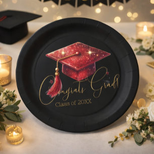 Elegant Congrats Grad Artwork in Red, Gold & Black Paper Plates
