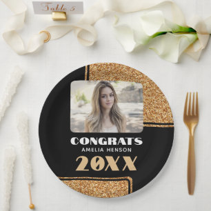 Elegant Congrats Graduate Gold Glitter Photo Paper Plates