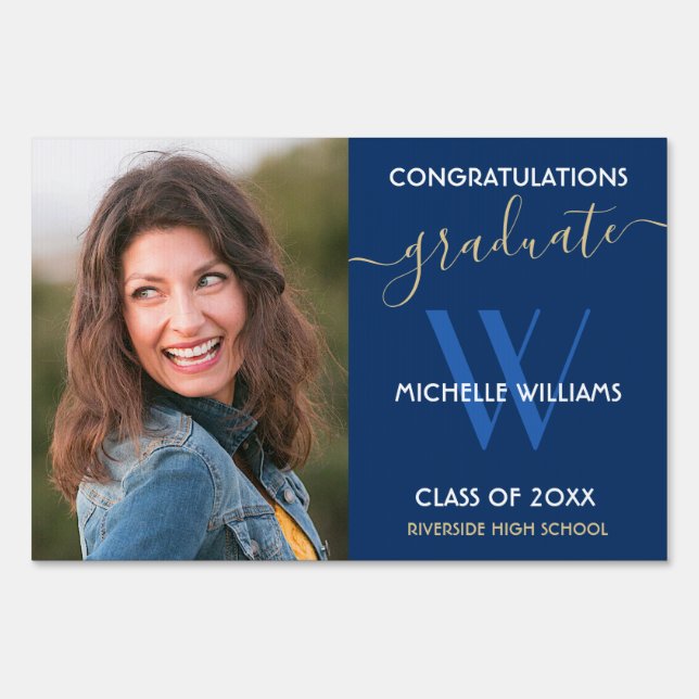 Elegant Congrats Royal Blue Photo Graduation Yard Sign (Front)