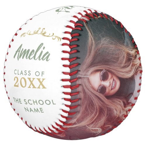 Elegant Congratulations Grad Graduation 2 Photo Softball - Elegant Congratulations Grad Graduation 2 Photo Softball. This elegant personalized graduation softball with golden ornament is a perfect gift for a graduate. Add 2 photos, the graduate`s name, school name and graduation year. You can change any text on the softball.