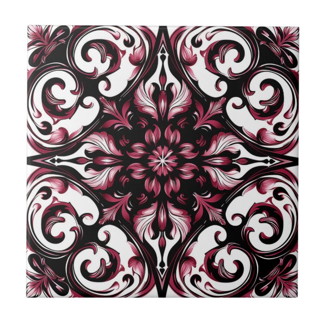 Elegant Contemporary Modern Ornate Burgundy Ceramic Tile (Front)