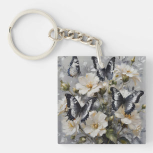 "Elegant Contrast: Black And White Butterflies Keychain