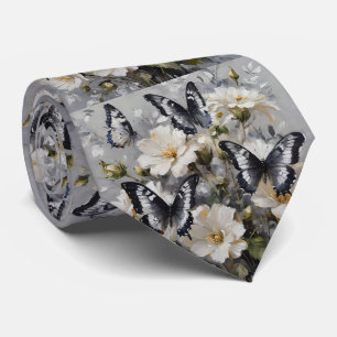 "Elegant Contrast: Black And White Butterflies Neck Tie
