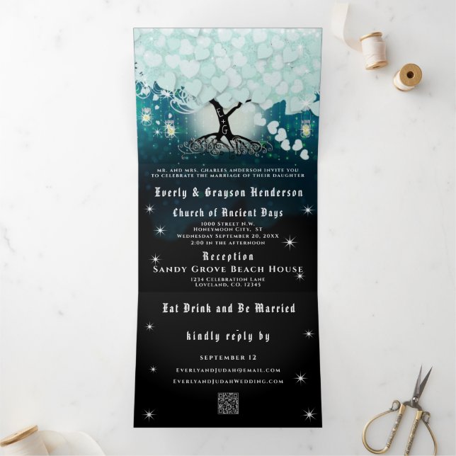 Elegant Cool Aqua Heart Leaf Wedding Tri-Fold Invitation (Inside)