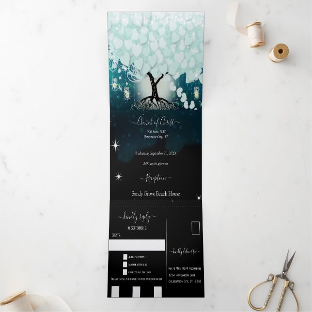 Elegant Cool Aqua Heart Leaf Wedding Tri-Fold Invitation (Inside)