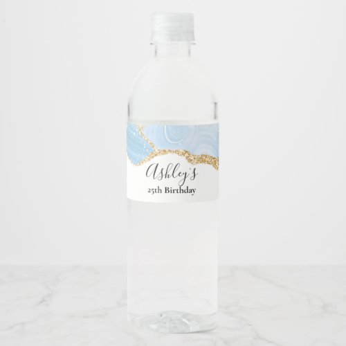 Elegant Cool Blue Agate and Gold Glitter Birthday Water Bottle Label