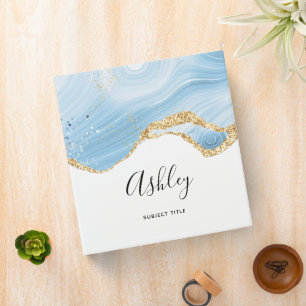 Elegant Cool Blue Agate and Gold Glitter Ribbon 3 Ring Binder