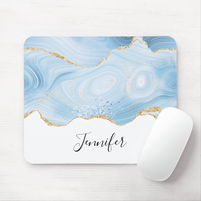  Elegant Cool Blue Agate and Gold Glitter Ribbon Mouse Pad (With Mouse)