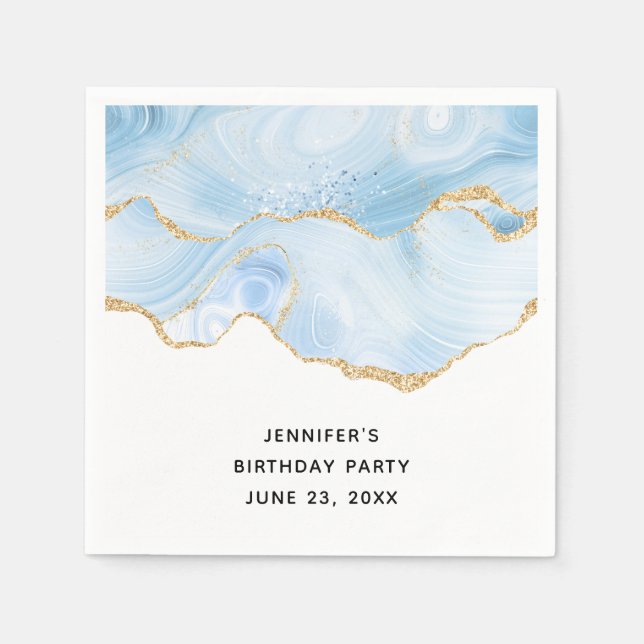 Elegant Cool Blue Agate and Gold Glitter Ribbon Napkins (Front)