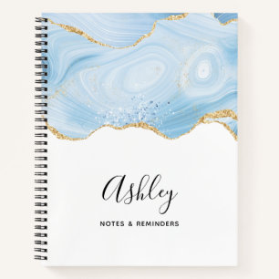 Elegant Cool Blue Agate and Gold Glitter Ribbon Notebook