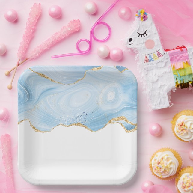 Elegant Cool Blue Agate and Gold Glitter Ribbon Paper Plates (Party)